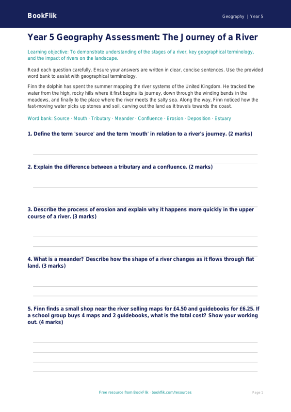 Free Rivers Assessment | Year 5 | Geography | BookFlik worksheet preview — Geography Rivers