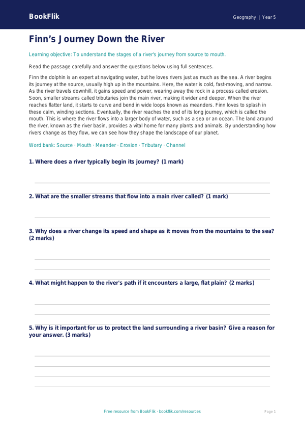 Free Rivers Comprehension | Year 5 | Geography | BookFlik worksheet preview — Geography Rivers