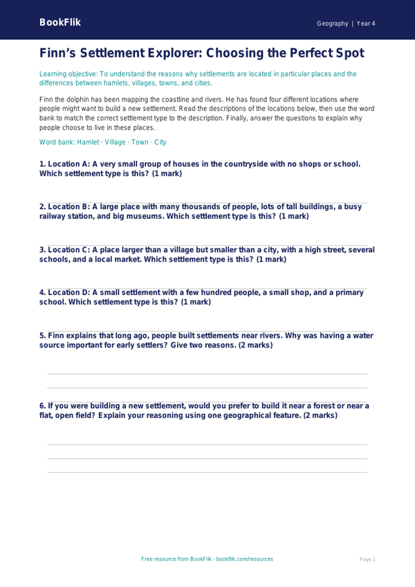 Free Settlements Activity Sheet | Year 4 | Geography | BookFlik worksheet preview — Geography Settlements