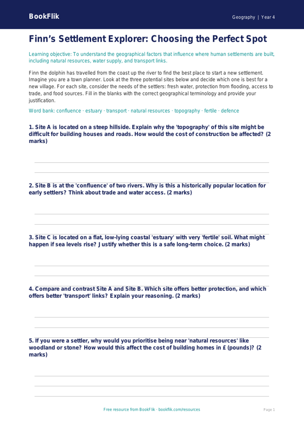 Free Settlements Activity Sheet | Year 4 | Geography | BookFlik worksheet preview — Geography Settlements