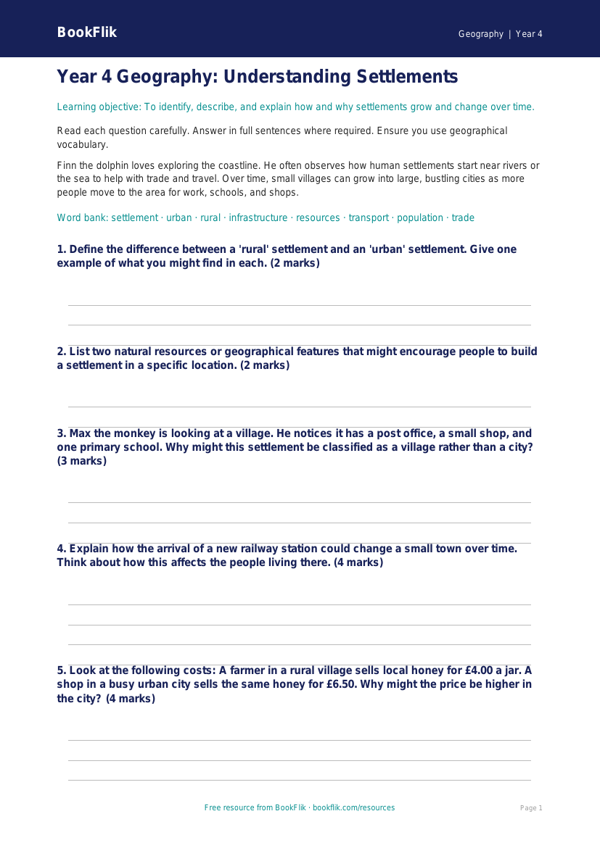 Free Settlements Assessment | Year 4 | Geography | BookFlik worksheet preview — Geography Settlements