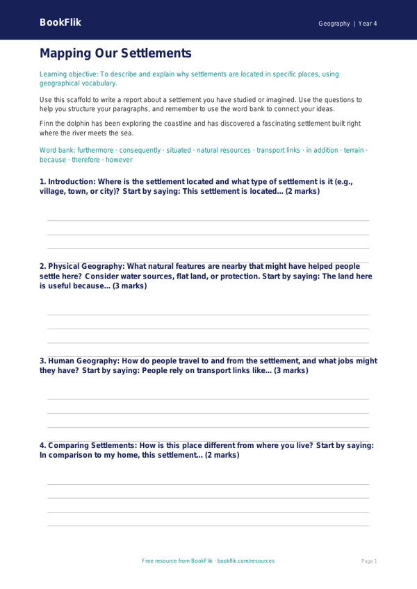 Free Settlements Writing Frame | Year 4 | Geography | BookFlik worksheet preview — Geography Settlements