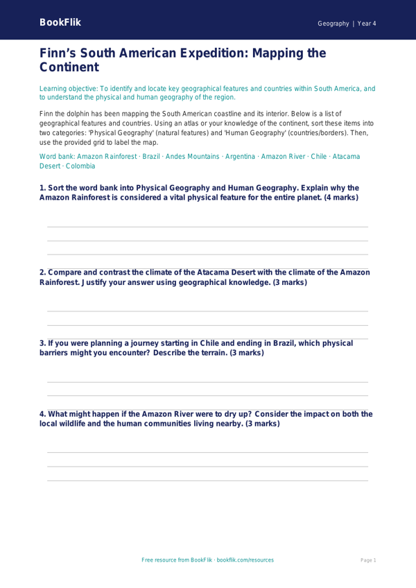 Free South America Activity Sheet | Year 4 | Geography | BookFlik worksheet preview — Geography South America