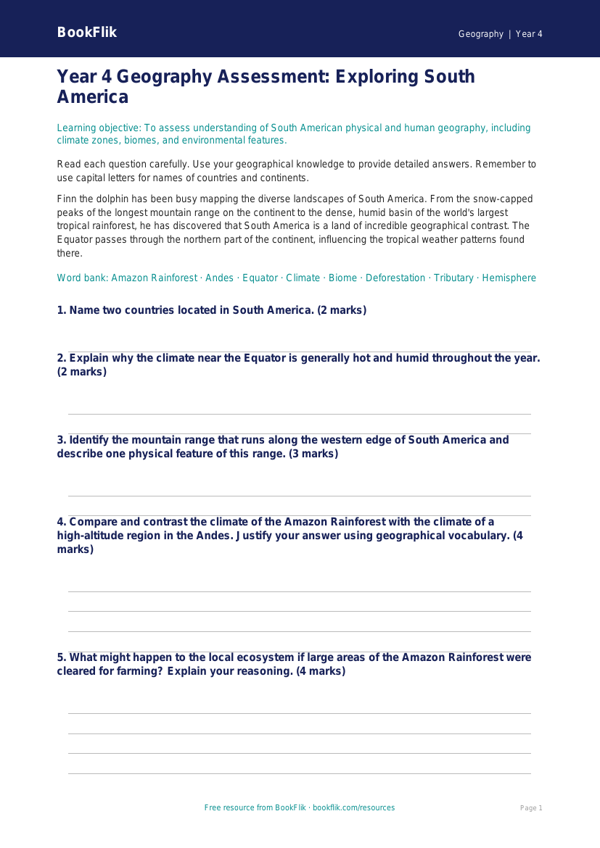 Free South America Assessment | Year 4 | Geography | BookFlik worksheet preview — Geography South America