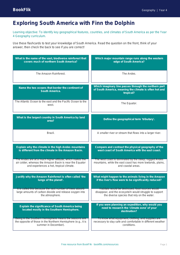 Free South America Flashcards | Year 4 | Geography | BookFlik worksheet preview — Geography South America