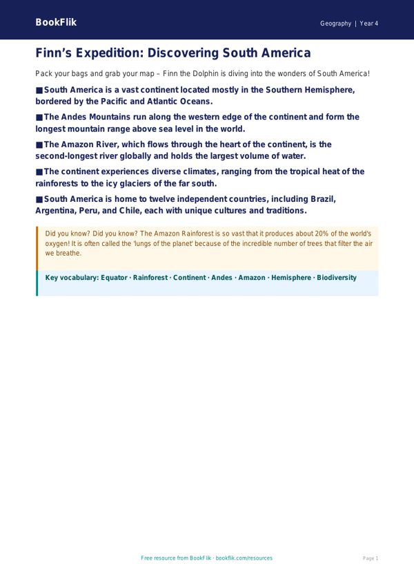 Free South America Poster | Year 4 | Geography | BookFlik worksheet preview — Geography South America
