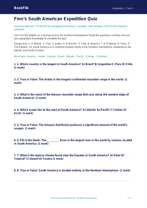 Free South America Quiz | Year 4 | Geography | BookFlik worksheet preview — Geography South America