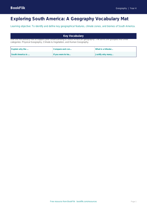 Free South America Word Mat | Year 4 | Geography | BookFlik worksheet preview — Geography South America