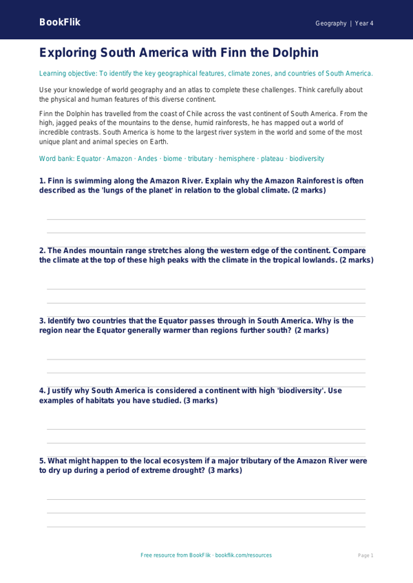Free South America Worksheet | Year 4 | Geography | BookFlik worksheet preview — Geography South America