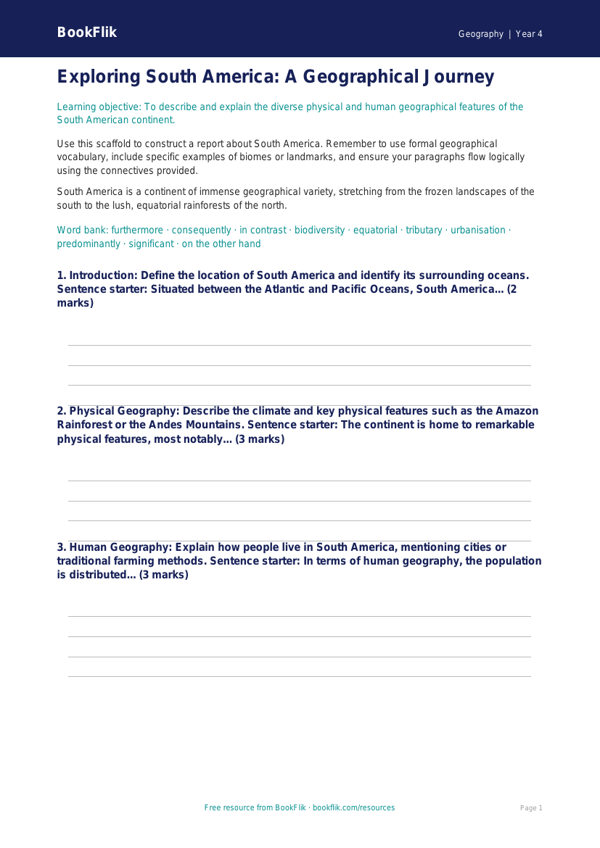 South America Geography Writing Frame | Year 4 | Australian Curriculum worksheet preview — Geography South America