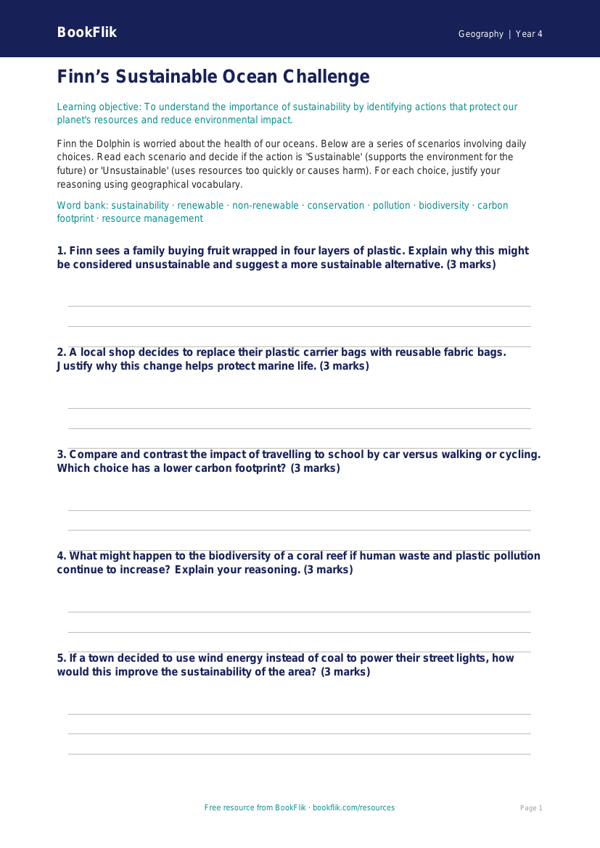 Free Sustainability Activity Sheet | Year 4 | Geography | BookFlik worksheet preview — Geography Sustainability