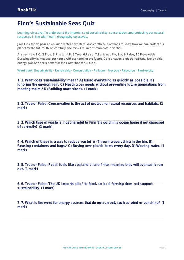 Sustainability Quiz Year 4 | Geography Resources | BookFlik worksheet preview — Geography Sustainability