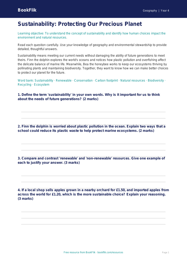 Free Sustainability Worksheet | Year 4 | Geography | BookFlik worksheet preview — Geography Sustainability