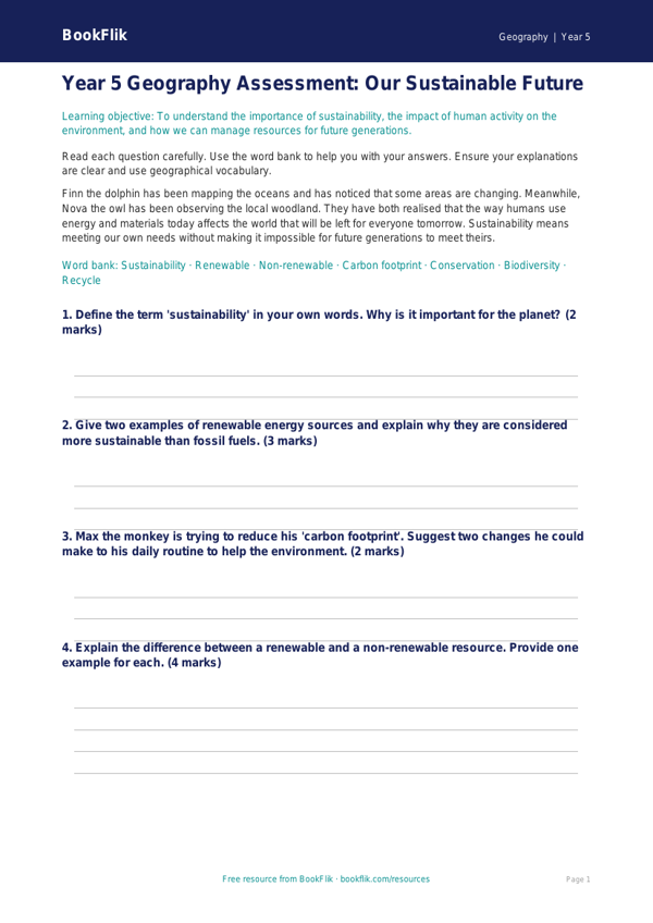 Free Sustainability Assessment | Year 5 | Geography | BookFlik worksheet preview — Geography Sustainability