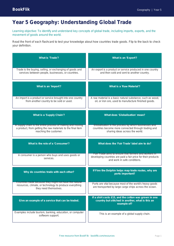Trade Flashcards Year 5 | Geography Resources | BookFlik worksheet preview — Geography Trade