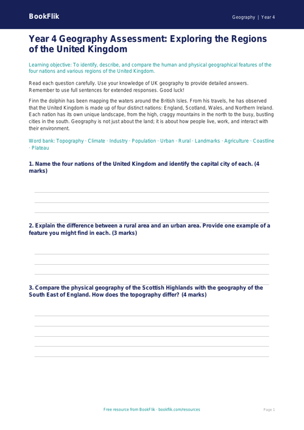 UK Regions Geography Assessment | Year 4 Greater Depth | BookFlik worksheet preview — Geography Uk Regions