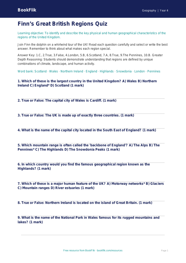 UK Regions Geography Quiz for Year 4 | Greater Depth | BookFlik worksheet preview — Geography Uk Regions