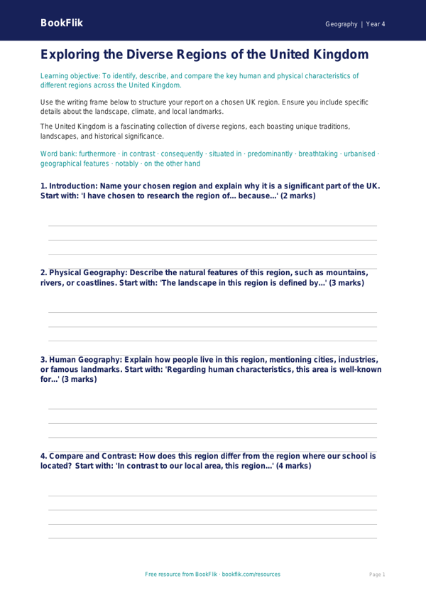 UK Regions Geography Writing Frame | Year 4 Australian Curriculum worksheet preview — Geography Uk Regions