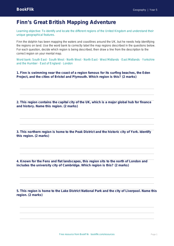 UK Regions Activity Sheet | Year 5 Geography | BookFlik worksheet preview — Geography Uk Regions