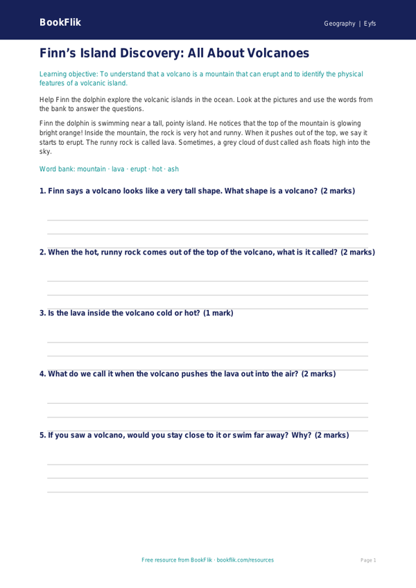 Free Volcanoes Worksheet | Foundation | Geography | BookFlik worksheet preview — Geography Volcanoes
