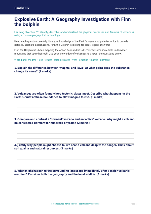Free Volcanoes Worksheet | Year 4 | Geography | BookFlik worksheet preview — Geography Volcanoes