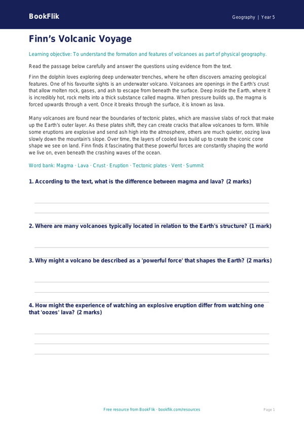 Free Volcanoes Comprehension | Year 5 | Geography | BookFlik worksheet preview — Geography Volcanoes