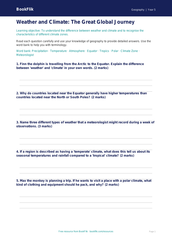 Free Weather And Climate Worksheet | Year 5 | Geography | BookFlik worksheet preview — Geography Weather And Climate