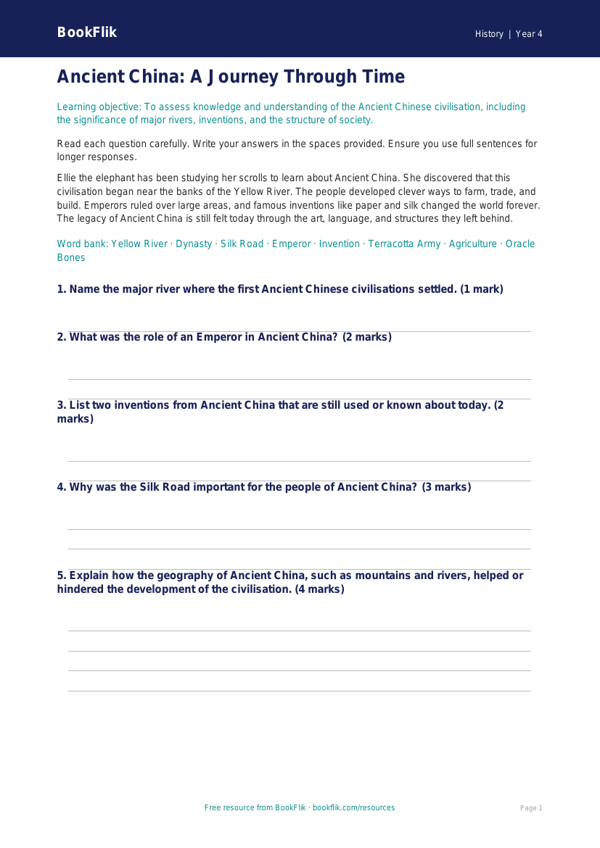 History ancient china assessment year 4 core worksheet preview — History Ancient China