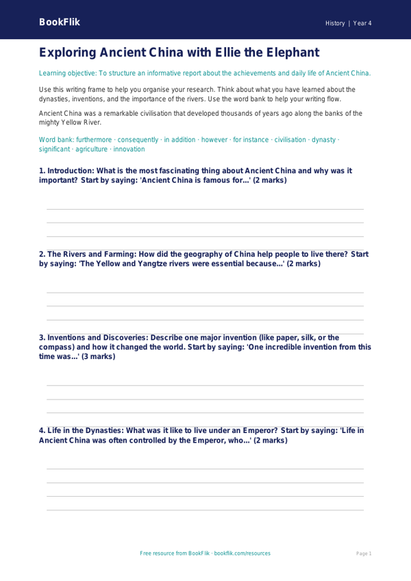 Free Ancient China Writing Frame | Year 4 | History | BookFlik worksheet preview — History Ancient China