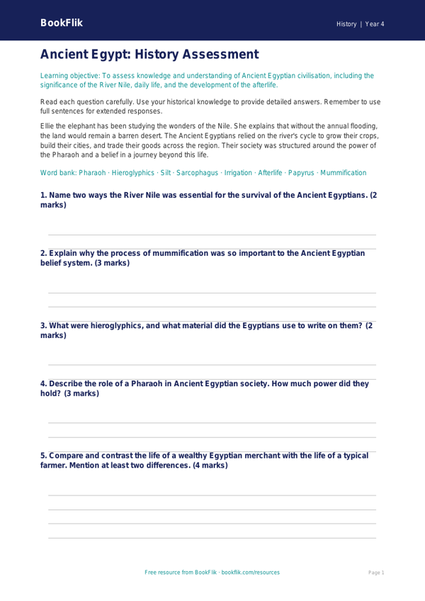 History ancient egypt assessment year 4 greater depth worksheet preview — History Ancient Egypt