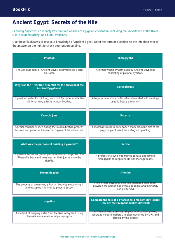 Free Ancient Egypt Flashcards | Year 4 | History | BookFlik worksheet preview — History Ancient Egypt