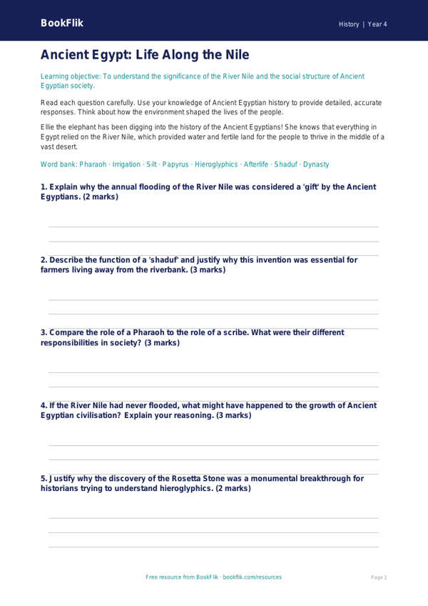 Free Ancient Egypt Worksheet | Year 4 | History | BookFlik worksheet preview — History Ancient Egypt