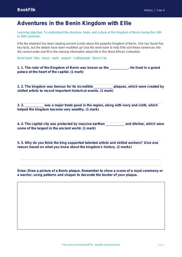 Free Benin Kingdom Activity Sheet | Year 4 | History | BookFlik worksheet preview — History Benin Kingdom