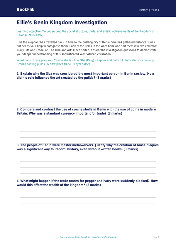 Free Benin Kingdom Activity Sheet | Year 4 | History | BookFlik worksheet preview — History Benin Kingdom
