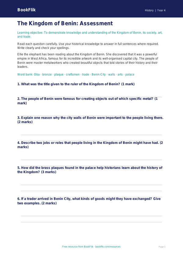 Free Benin Kingdom Assessment | Year 4 | History | BookFlik worksheet preview — History Benin Kingdom