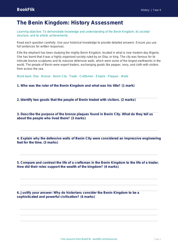 Free Benin Kingdom Assessment | Year 4 | History | BookFlik worksheet preview — History Benin Kingdom