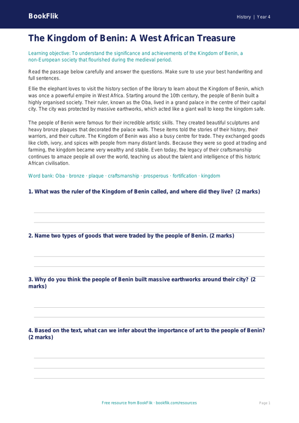 Free Benin Kingdom Comprehension | Year 4 | History | BookFlik worksheet preview — History Benin Kingdom