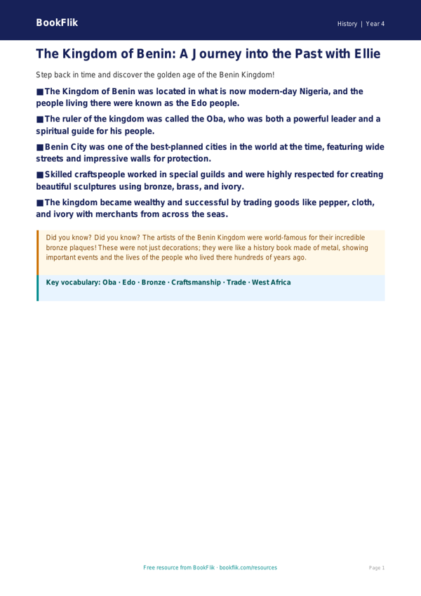 Free Benin Kingdom Poster | Year 4 | History | BookFlik worksheet preview — History Benin Kingdom