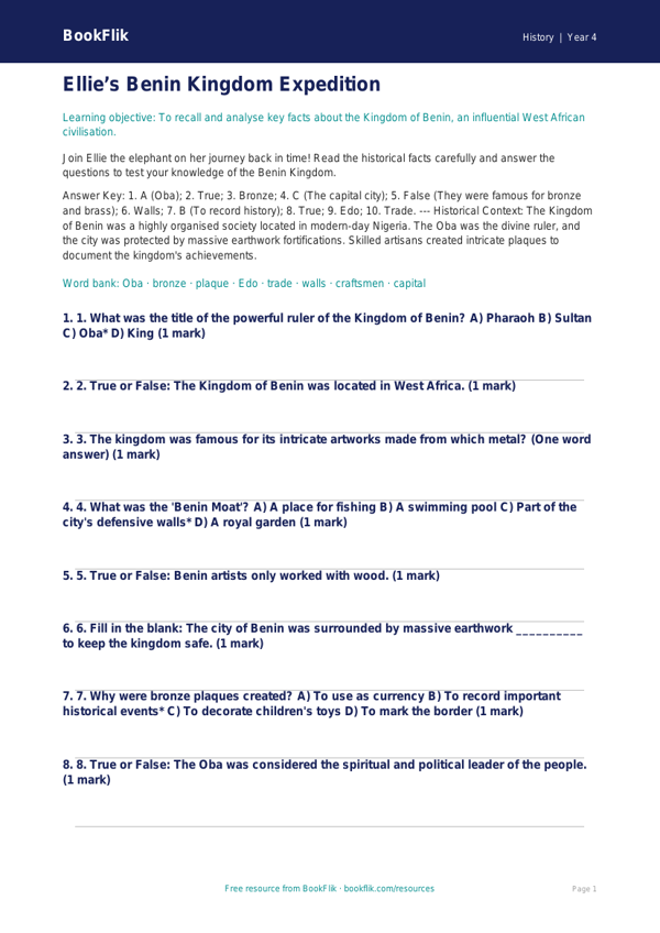 Free Benin Kingdom Quiz | Year 4 | History | BookFlik worksheet preview — History Benin Kingdom
