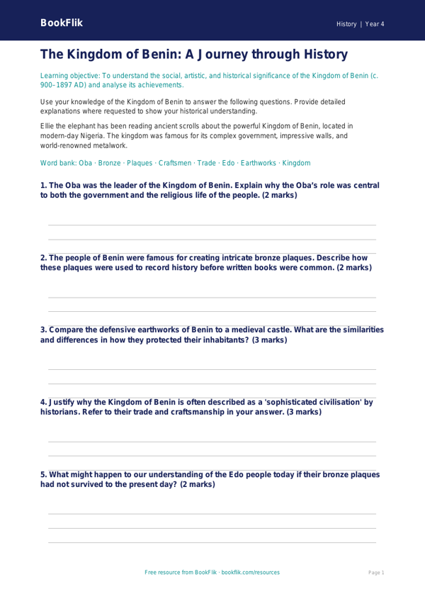 Free Benin Kingdom Worksheet | Year 4 | History | BookFlik worksheet preview — History Benin Kingdom