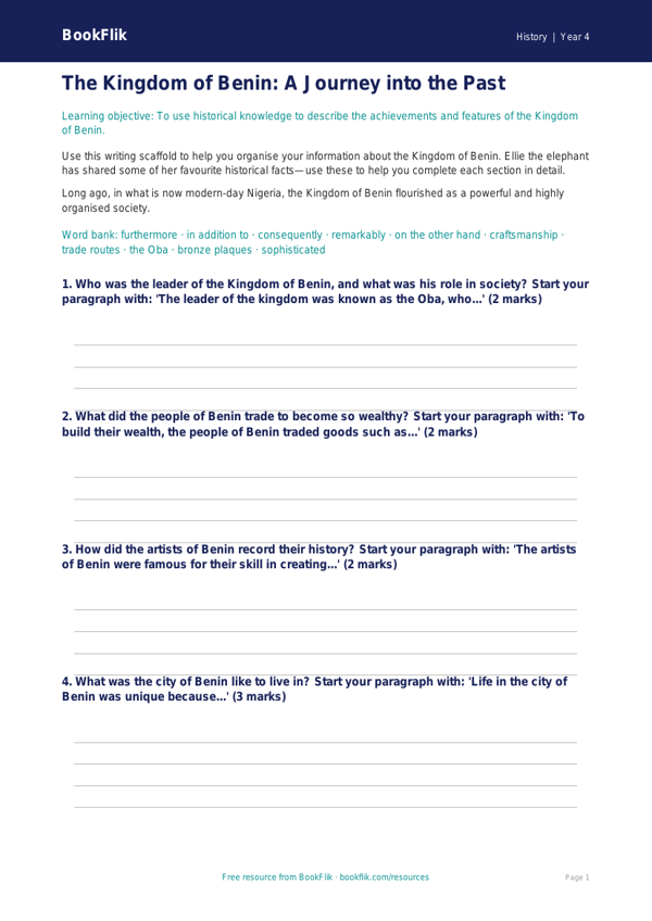 History benin kingdom writing frame year 4 core worksheet preview — History Benin Kingdom