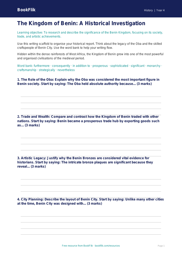 Free Benin Kingdom Writing Frame | Year 4 | History | BookFlik worksheet preview — History Benin Kingdom