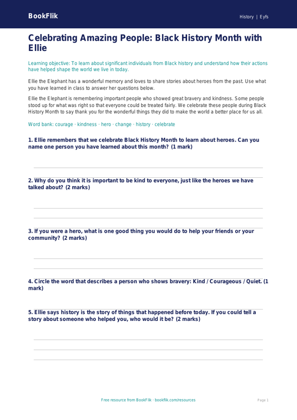 Free Black History Month Worksheet | Foundation | History | BookFlik worksheet preview — History Black History Month