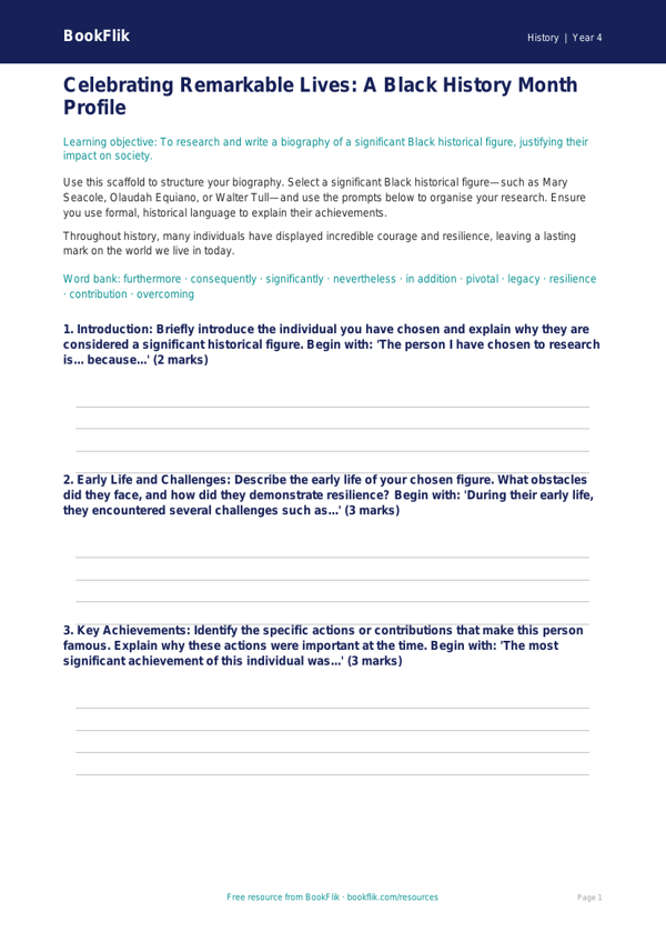 Black History Month Writing Frame | Year 4 History | BookFlik worksheet preview — History Black History Month