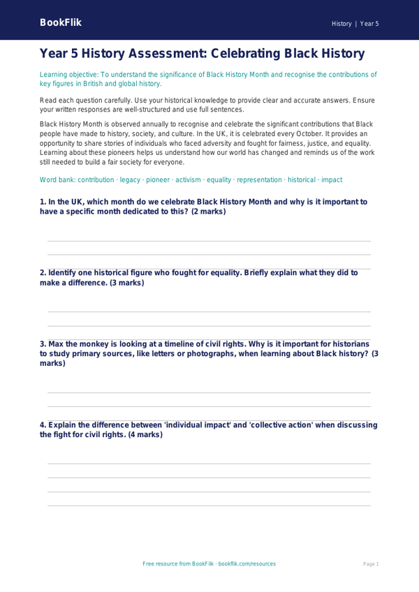 Black History Month Year 5 History Resource | Australian Curriculum worksheet preview — History Black History Month