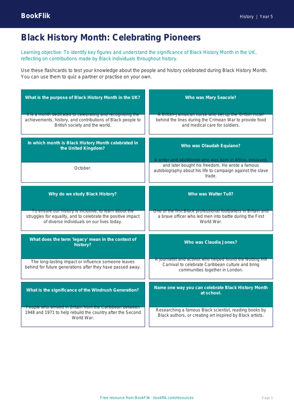 Black History Month Flashcards for Year 5 | Australian Curriculum History worksheet preview — History Black History Month