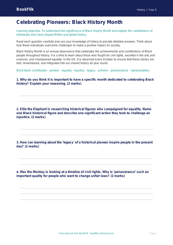 Black History Month Worksheet | Year 5 History | Australian Curriculum worksheet preview — History Black History Month