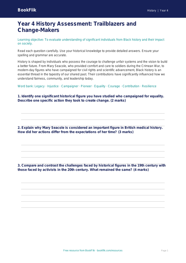 Black History Assessment Year 4 | Australian Curriculum | BookFlik worksheet preview — History Black History