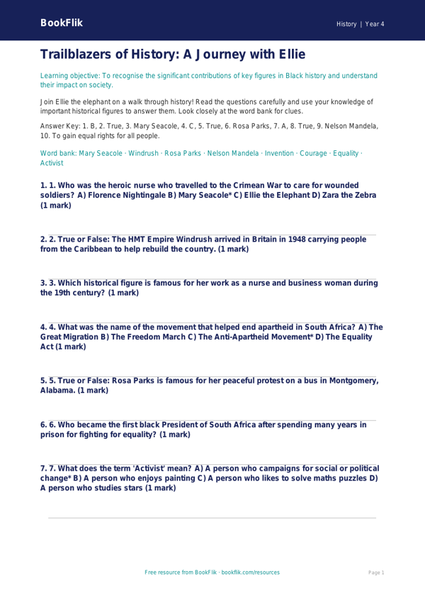 Black History Quiz for Year 4 | Australian Curriculum History worksheet preview — History Black History