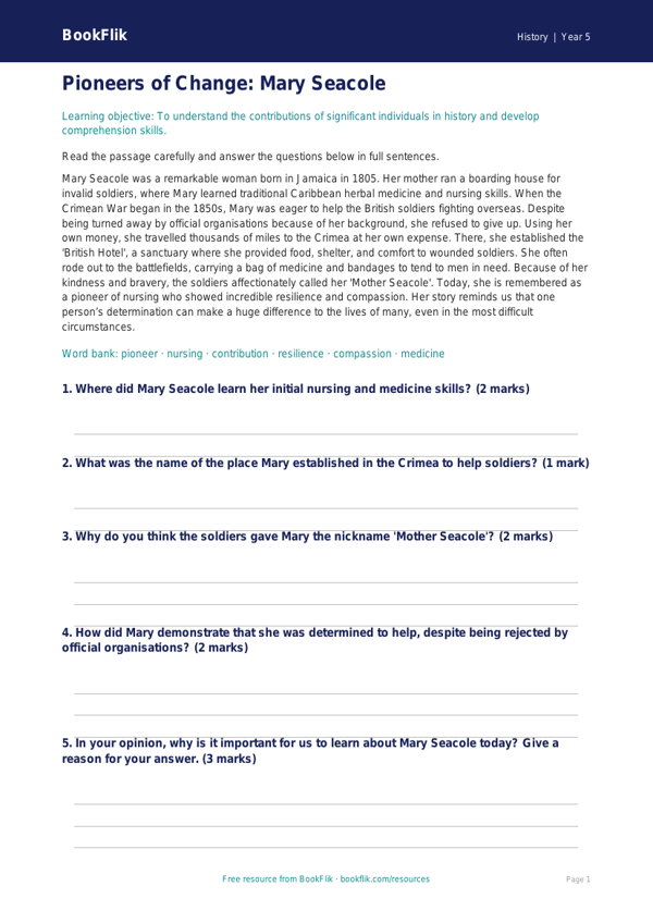 Black History Comprehension Activity | Year 5 History | BookFlik worksheet preview — History Black History